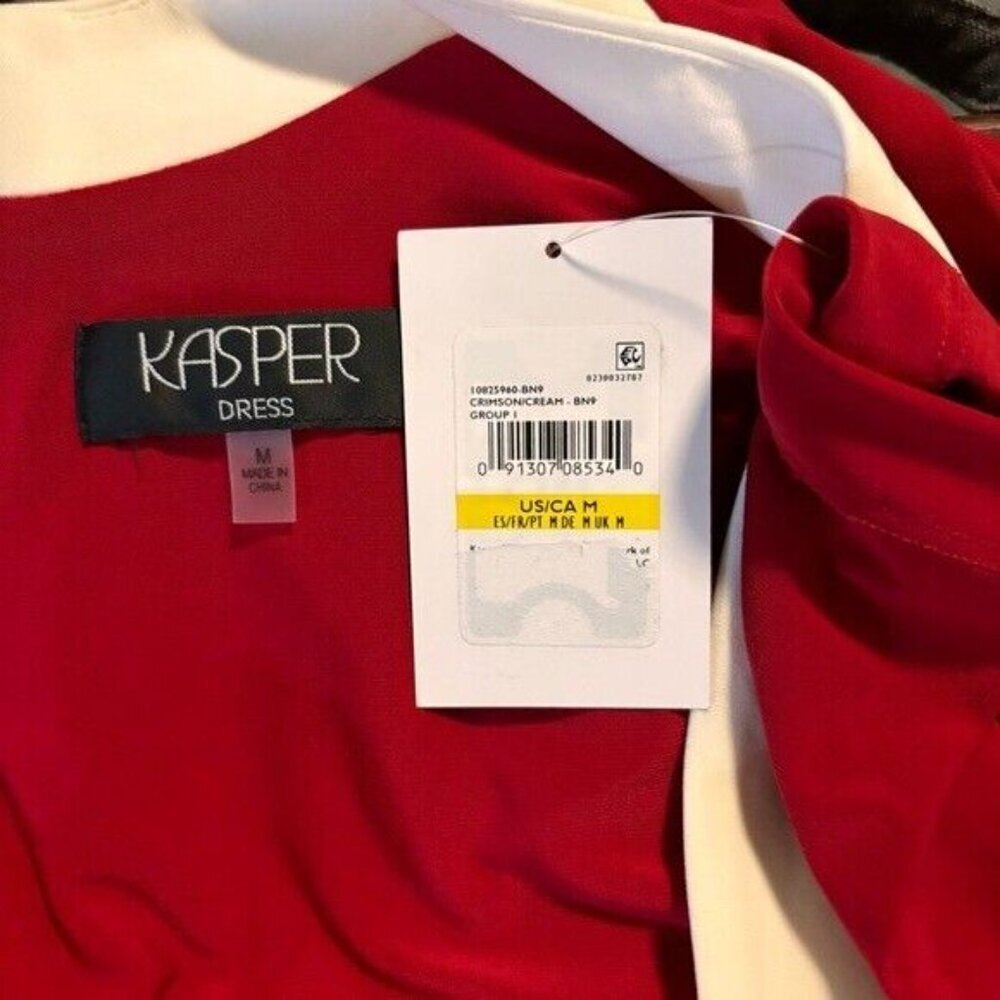 Kasper Sheath Dress Long Sleeve Color Block Faux Wrap Mid-Length Red & White NWT - Picture 7 of 9